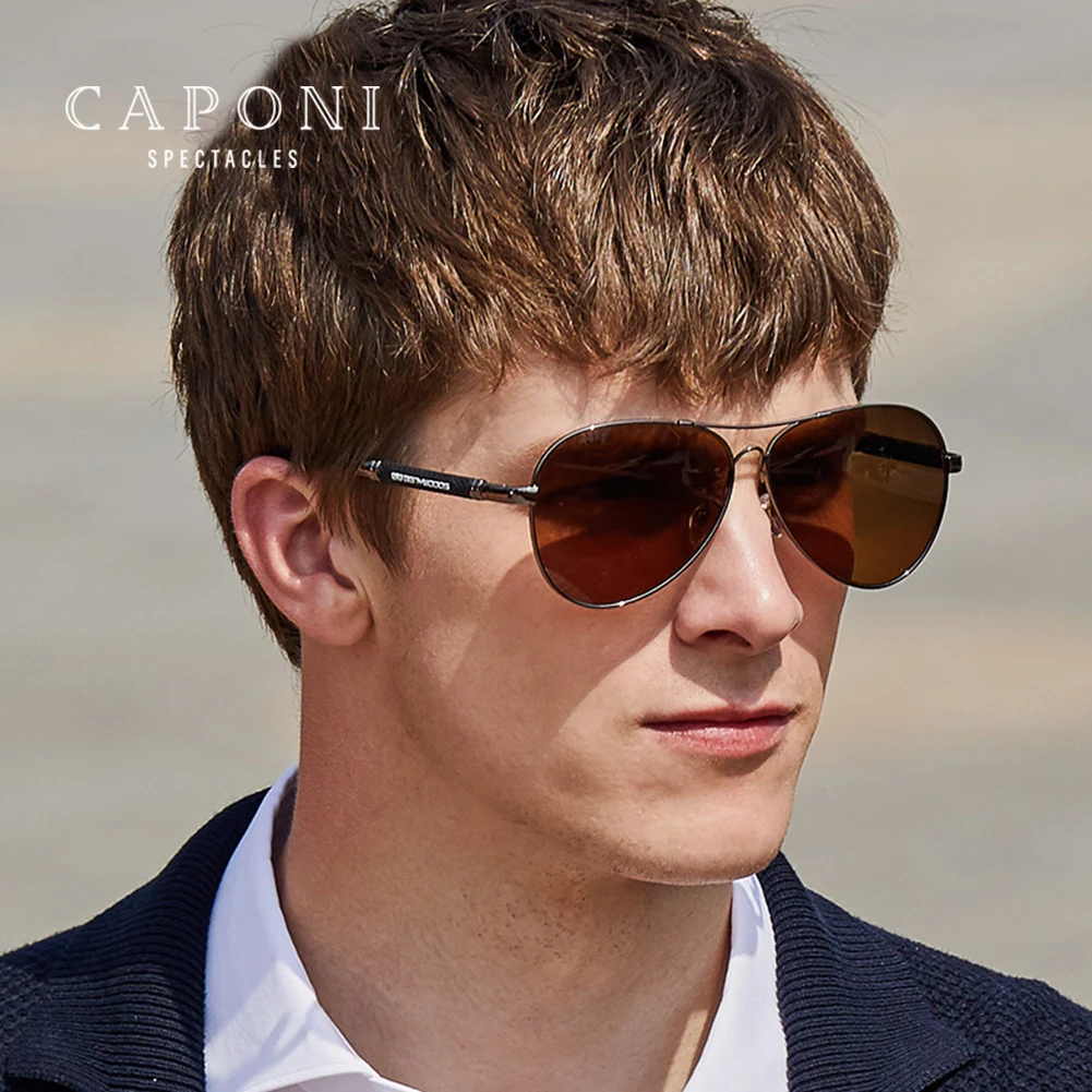 

CAPONI Photochromic Men's Sun Glasses Polarized Pilot Classic Brand Eyewear Night Vision Yellow Lenses Sunglasses UV400 BSYS9812
