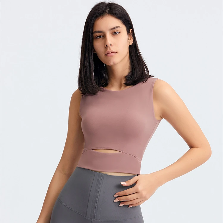 

2022 Spring Summer New Yoga Tops Round Neck Sleeveless Navel Cushion Fashion Breathable Running Sports Fitness Vest bra tops