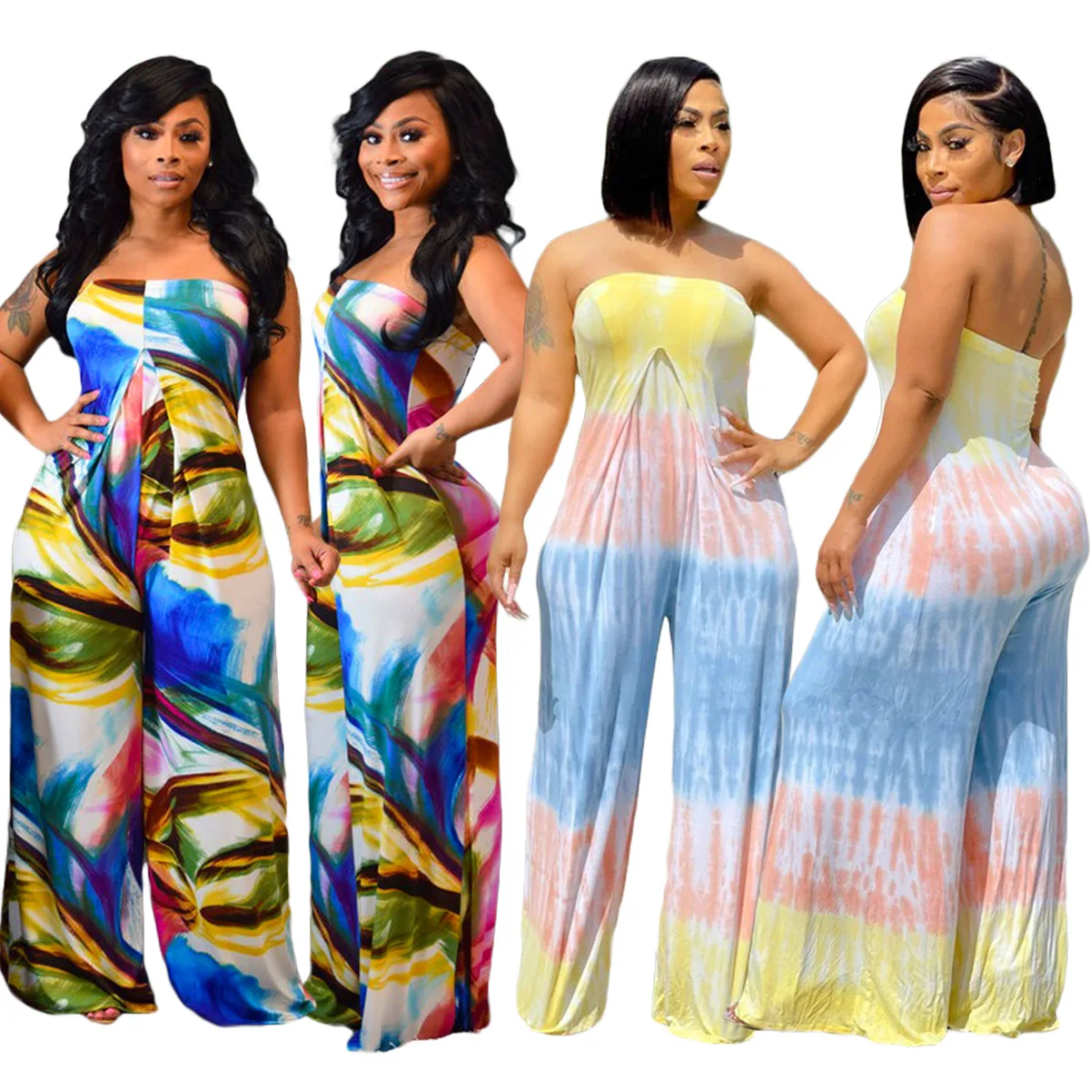 

Rainbow Print Summer Women Jumpsuits Rompers Sleeveless Strapless Wide Leg Sexy One Piece Outfits Tie Dye Jumpsuit, Yellow, color