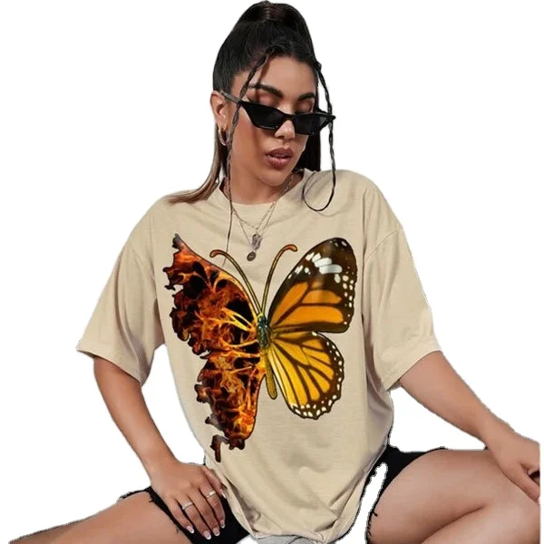 

Women cartoon butterfly T shirt 2022 spring summer 100% cotton cheaper cool lady print short sleeve casual Tee