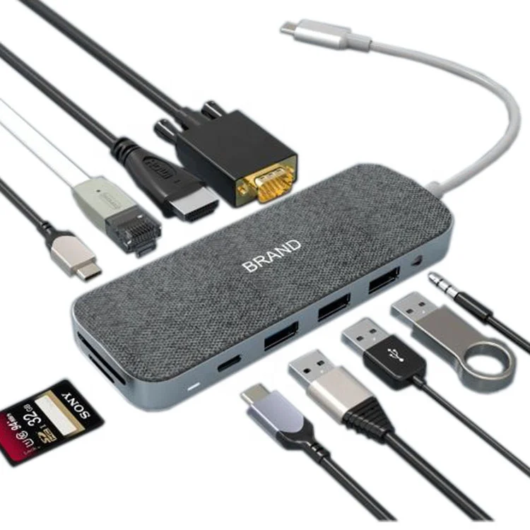 

Zinc Alloy+Leather 11 in 1 USB C HUB to Multi USB3.0*4 HD-MI VGA RJ45 Audio Jack SD Card Adapter Hub for MacBook Pro With PD, Gray