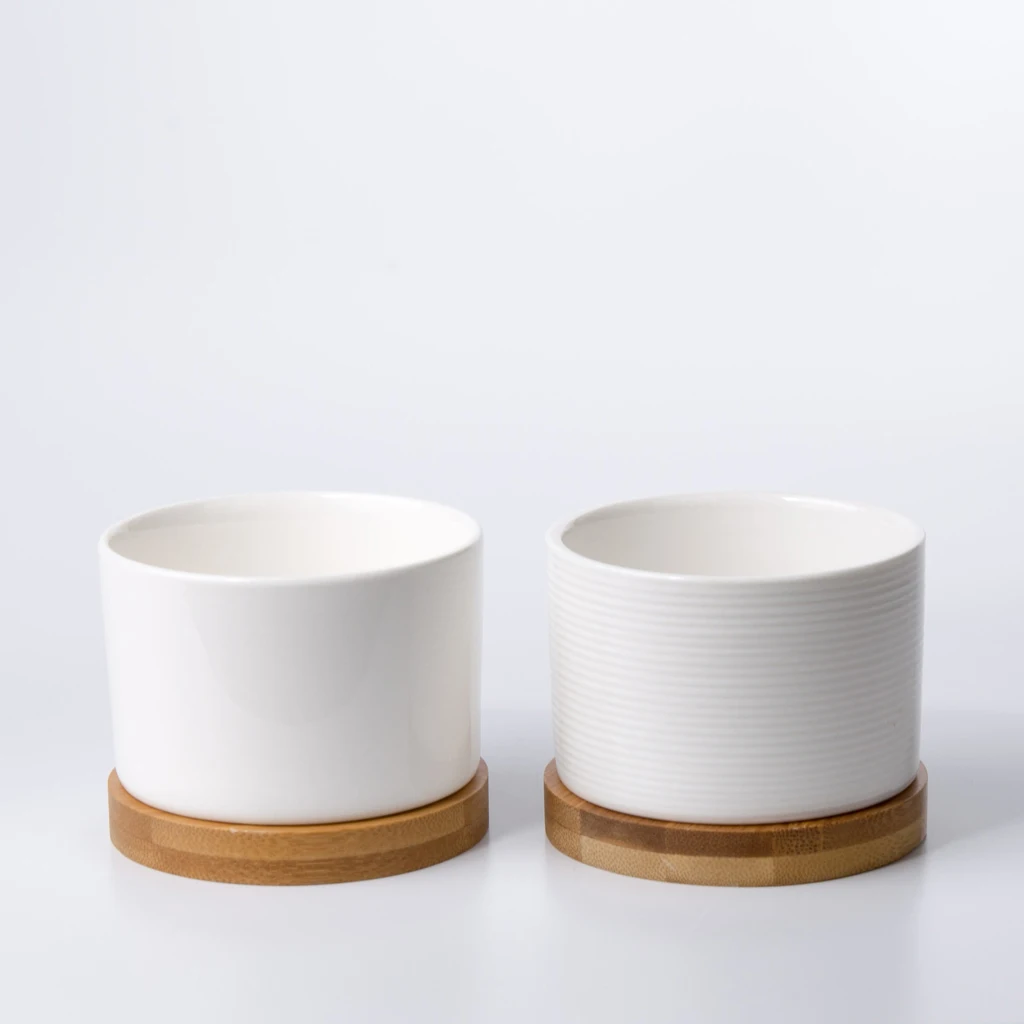 

wholesale modern white decorative garden mini size cylindrical ceramic flower pot with bamboo tray succulent plant pot