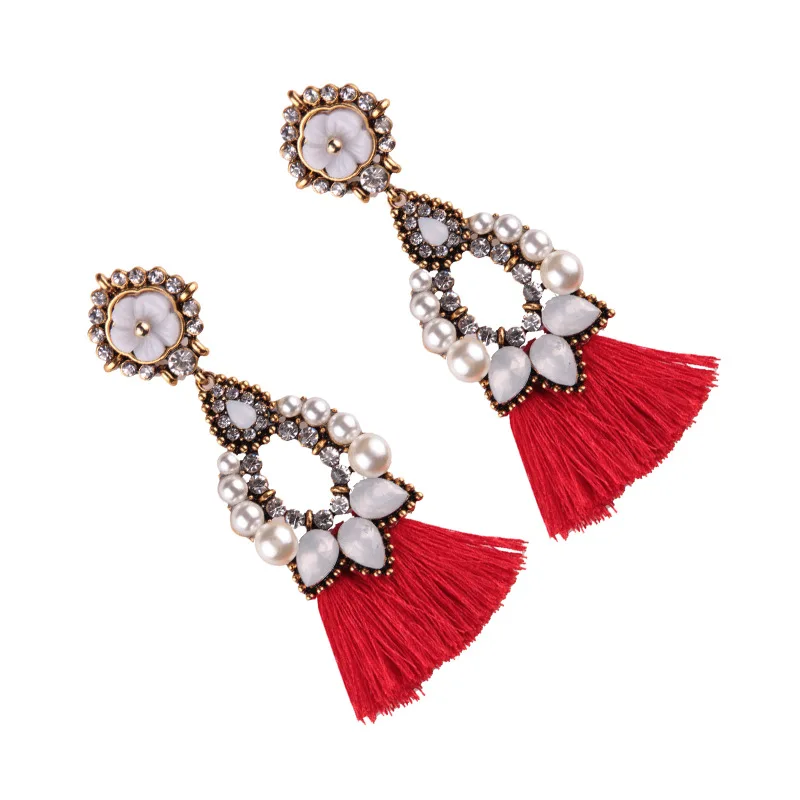 

showfay 2020 Wholesale Acrylic Flower Crystal & Diamond Cotton Tassel Freshwater Pearl Bead Xiyanike Earring For Women, Red,blue,black,apricot
