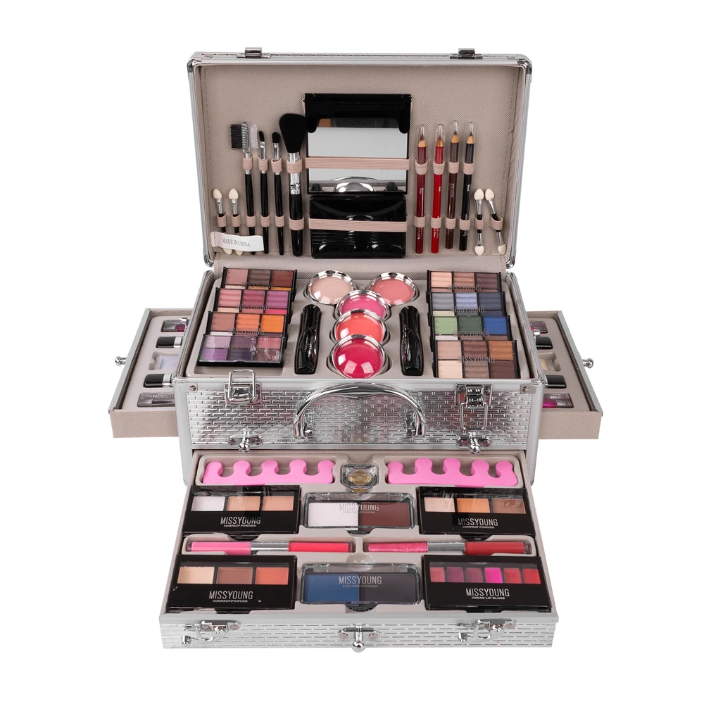 

Private Label Cosmetic Gift Kit Upscale Eyeshadow Set Lipstick Lip Gloss Blush Mascara Women Makeup Brush Aluminum Case