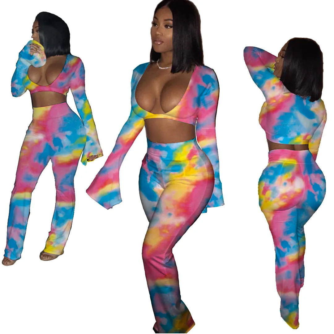 

WW-1376 Sexy Nightclub Printing Long Horn Chest Waist Two-piece Sleeve Pants Sexy Two Piece Cozy Women Loungewear Sets, Customized color