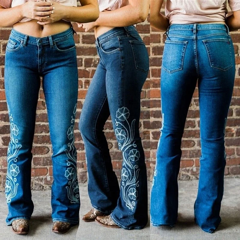 

VOOGUE Ladies Jeans Denim High Waist Embroidered Flared Pants for Fat Women, Indigo blue