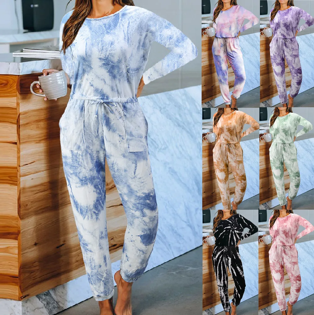 

WW-0213 Tie-dye Sleeper Summer Loose Short Sleeve Round Collar Leisurewear. Lady Tie Dye One Piece Pajamas Sleepwear Women Sets, Same as picture