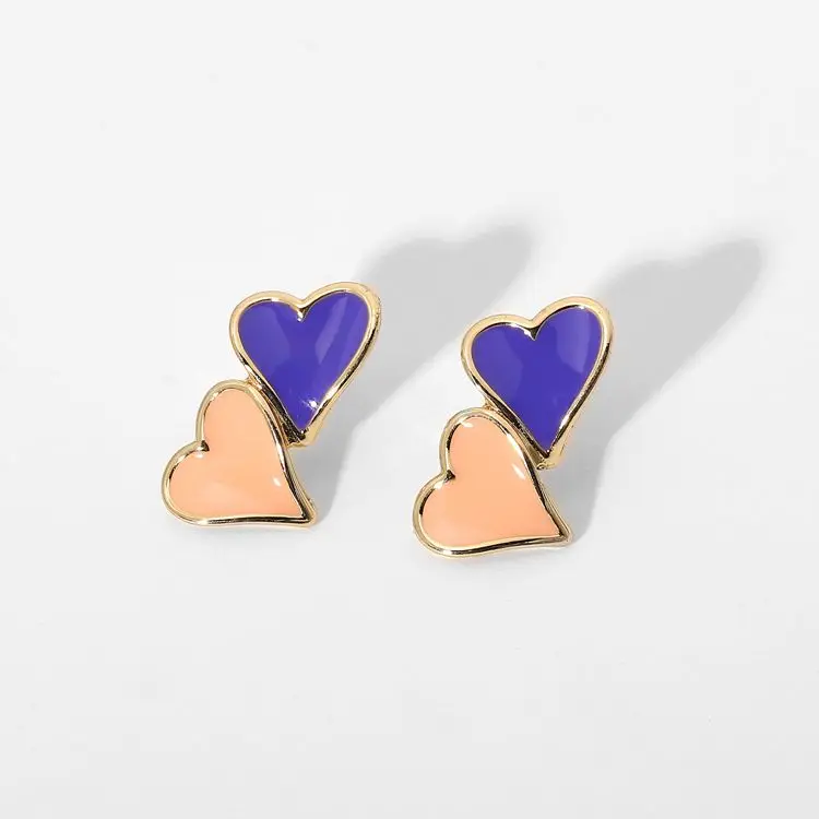 

Cute Mini Double Heart Ear Studs Purple Oil Dripping Gold Plated Heart Studs Earring Studs For Women Jewerly Gift