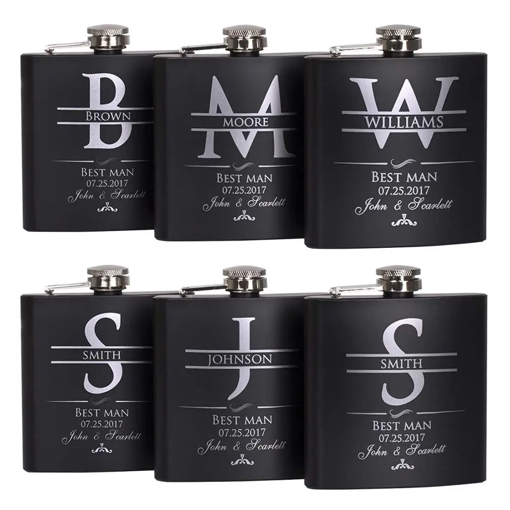 

Personalized matte black 6 OZ stainless steel hip flask set-custom engraved groomsmen,best man,groom gift flask for wedding