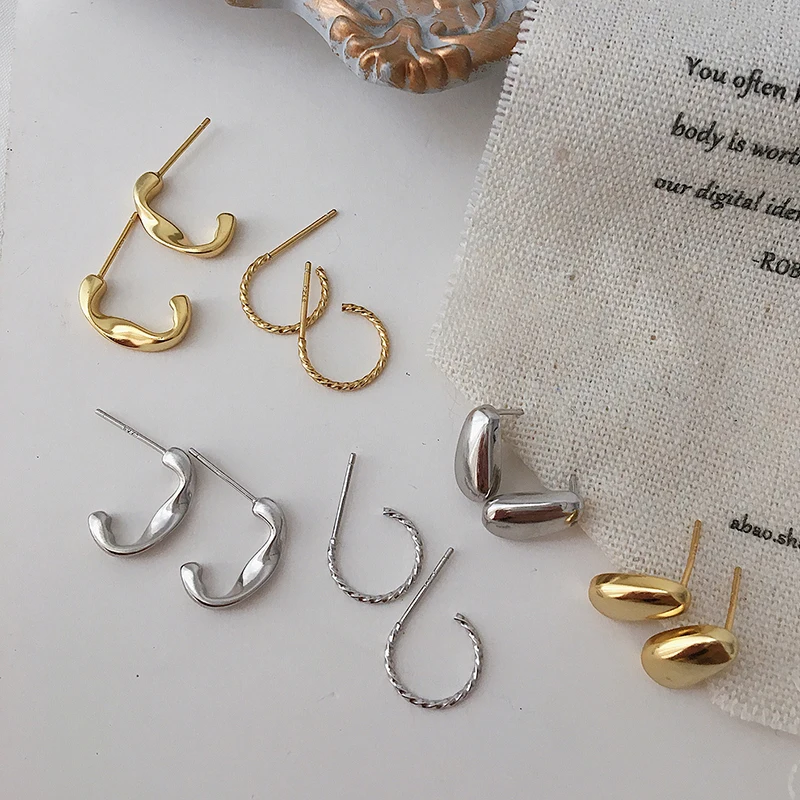 3 Designs Twisted Irregular Solid Gold Earrings Open Hoops 925 Sterling Silver Waterdrop Geometric Earrings for Women 2019