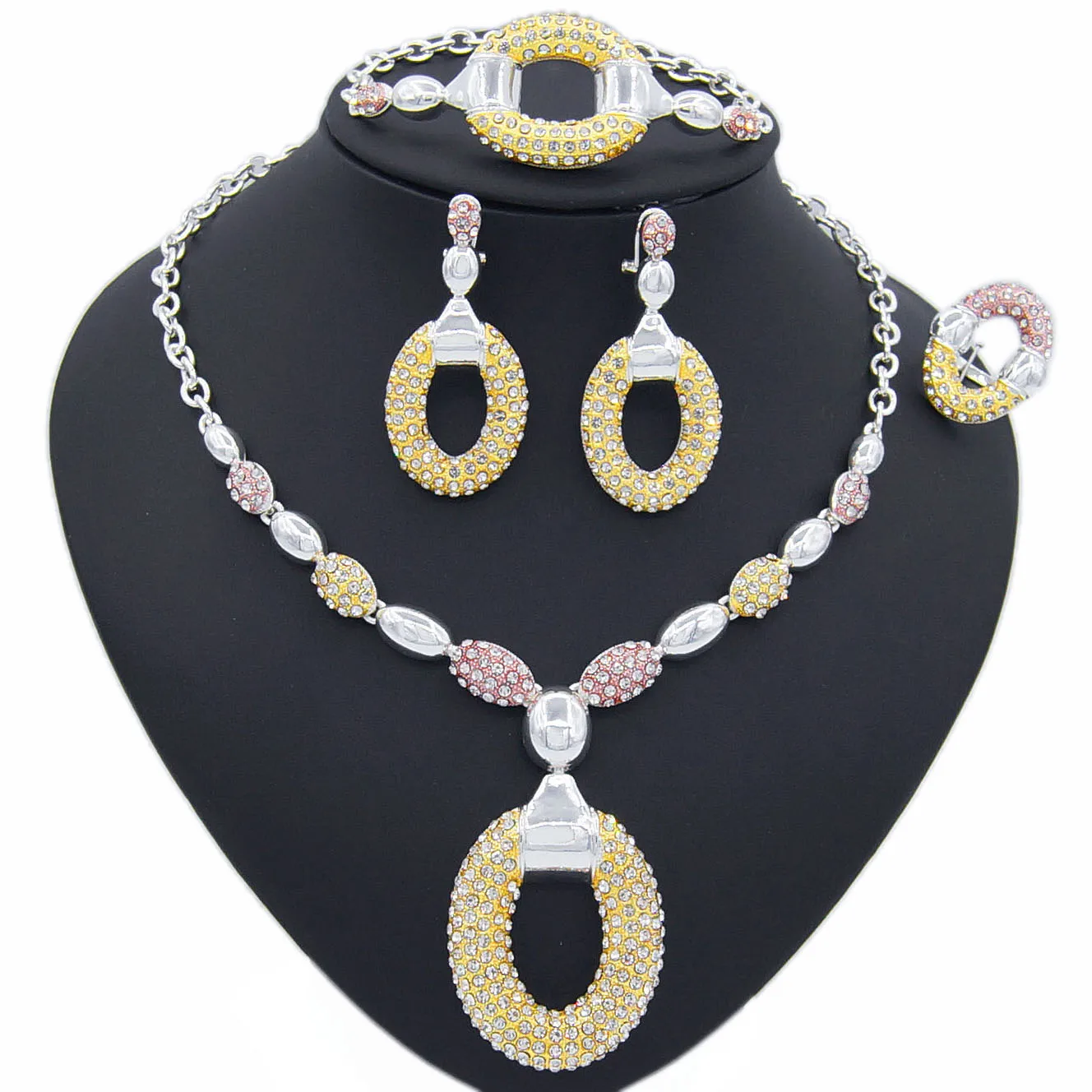 

cubic stone three tone color jewelry sets cubic zirconia bridal jewelry sets, Silver/gold