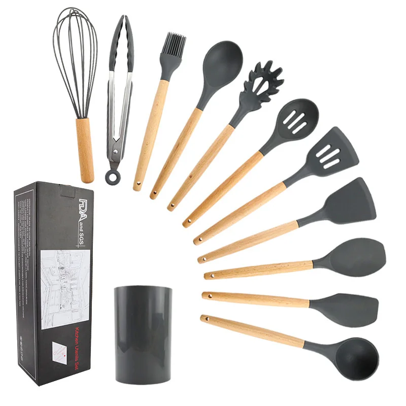 

Amazon hot sale silicone kitchenware 12pcs kitchen utensils set nonstick spatula with wooden handle