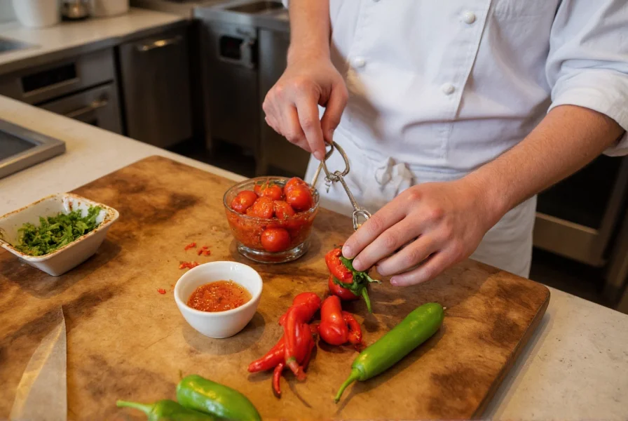 Chef preparing salsa with various chili peppers including jalapeño as Fresno substitute