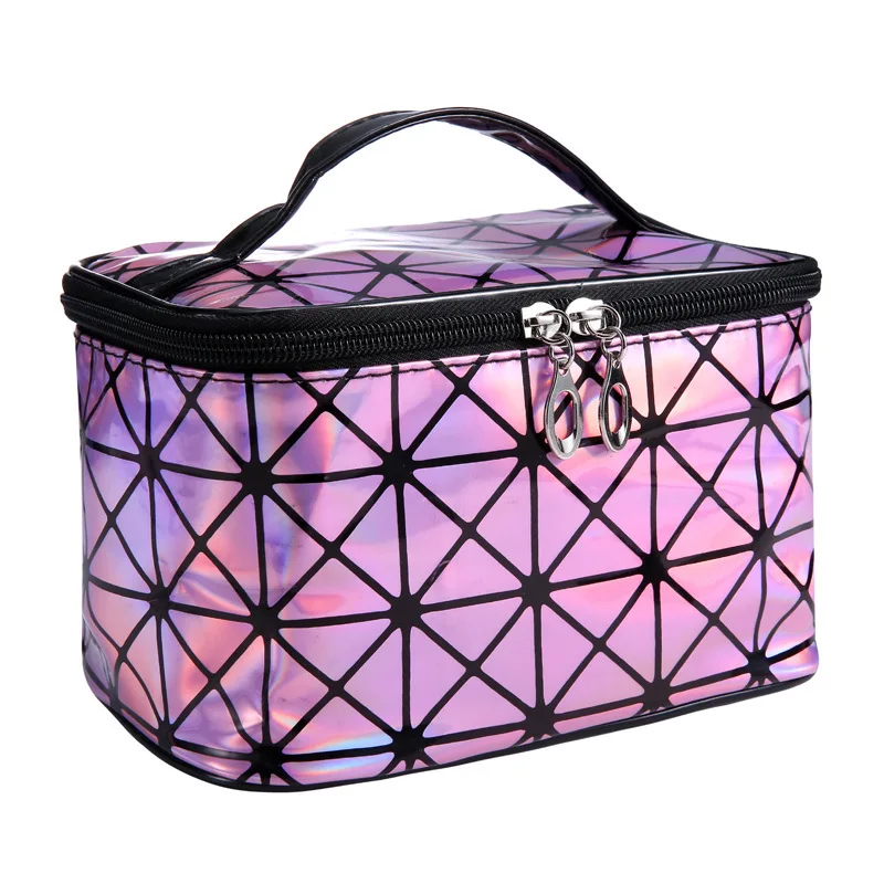 

Wholesale Ladies Leather Cosmetic Cases Travel Portable Toiletry Wash Bag 3D Lattice Holographic Laser Pu Makeup Box with Mirror, Customized color