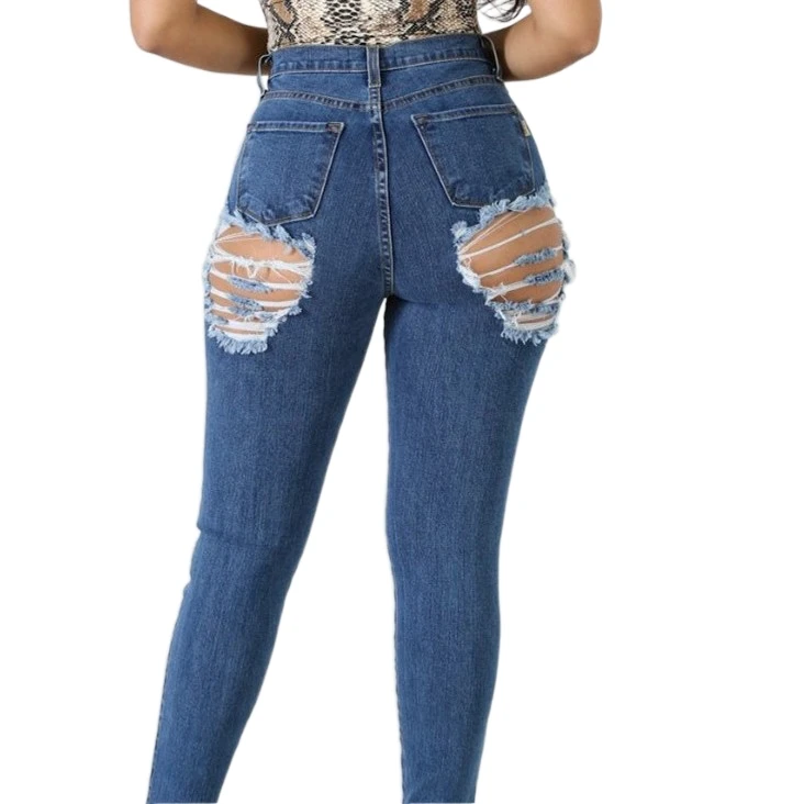 

OEM service skinny fashionable back ripped jeans women, Blue