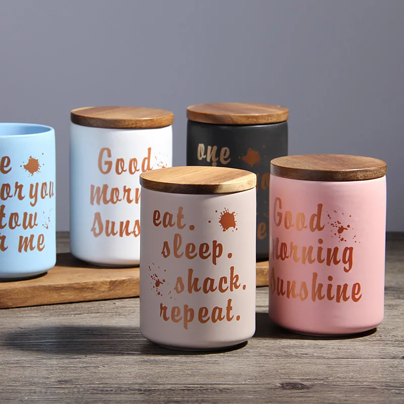 

Home kitchen storage tea coffee pot creative sealed jar ceramic storage tank with wood lid