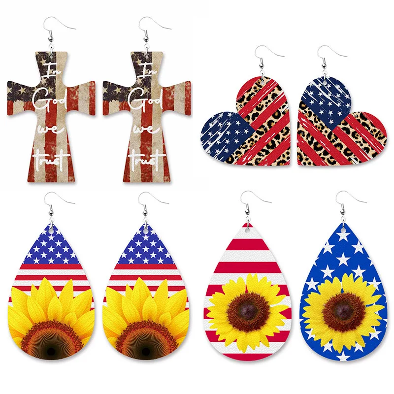 

Vintage Painted Leather Earring Ethnic Sunflower Statement Leather Drop Jewelry United State Flag Earrings For Women, Picture