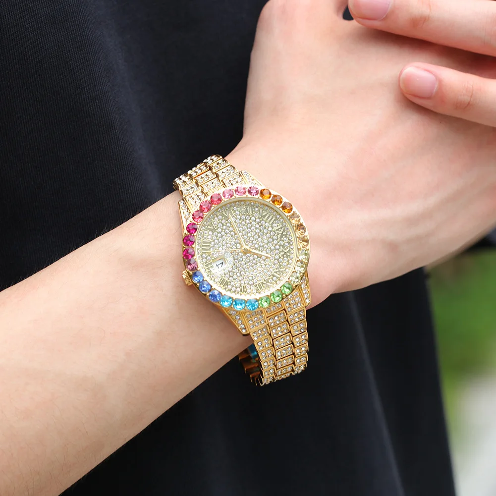 

New casual simple watch hip hop diamond rainbow gradient color calendar quartz watch