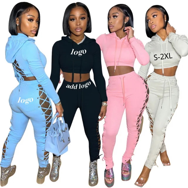 

Custom Logo Lace Up Corns Solid Two Piece Crop Tops Set Sexy Hollowed Out Hoodie Two Piece Joggers Pants Set Women, Picture color