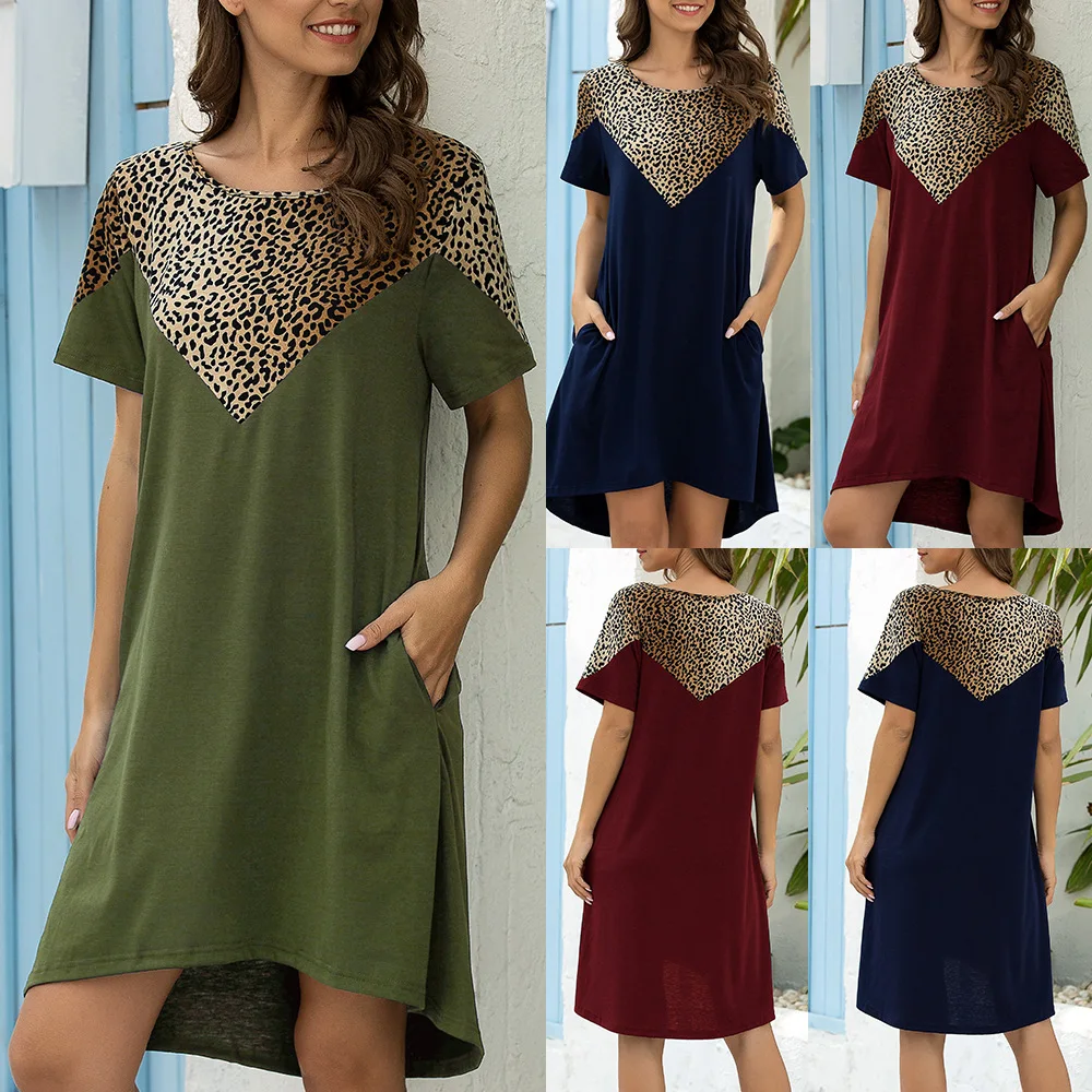 

WW-0508 Round Collar Short Sleeve Leopard Stitching Loose Women Summer Dress Casual Women Summer Dresses, As your request