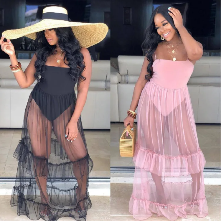 

2021 New women jumpsuit Sexy Mesh Ruffle Bodysuit perspectiv Long Skirts womens rompers Clothing one piece evening dresses, Black,pink