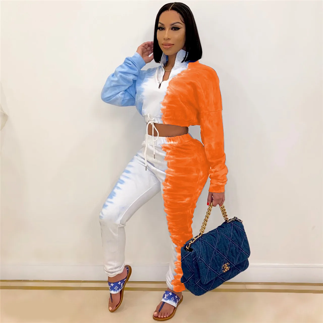 

X00836M 2020 autumn raising leggings sports suit zipper two-piece multi-color tie-dye sports suit