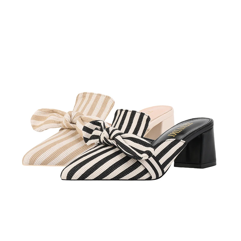

Bowknot Bow Stripped Square Heeled Shoes for Woman Pumps Girls Casual Daily Life Fashion Slippers Outdoor High Heels