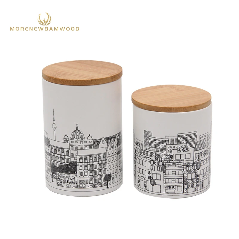 

Factory outlet design of city pattern ceramic storage container, food storage contain.