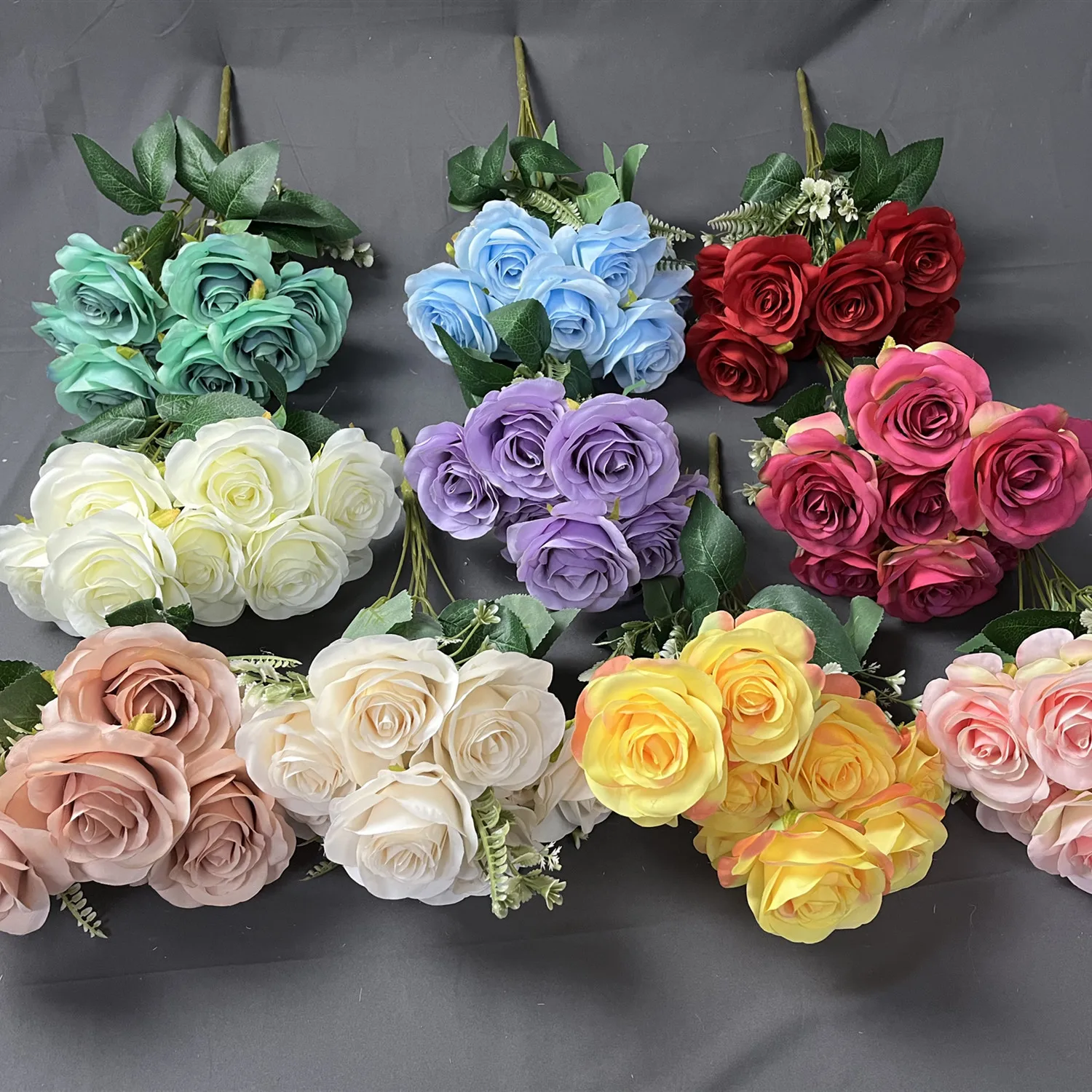 

QSLH-CF002 Whole Sale Wedding Decoration Rose Bunch Artificial Silk Rose 9 Heads Rose Bouquet Blossom Multcoloured Silk Flowers