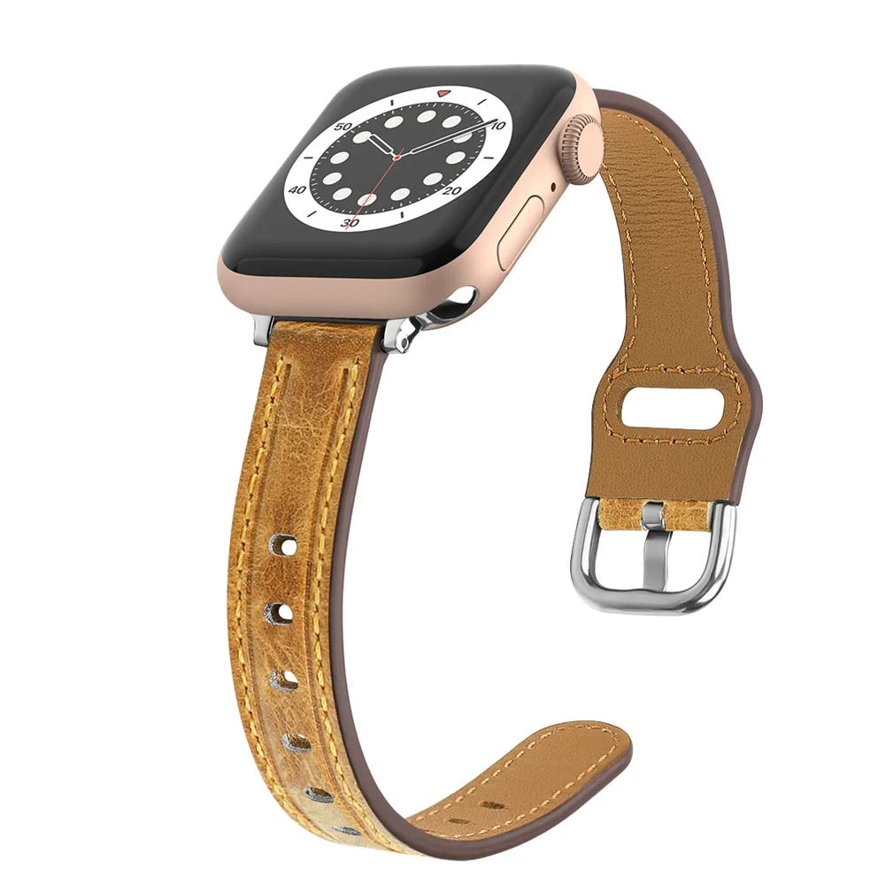 

Retro Genuine Leather Slim Watch Band For Apple Watch Series SE/6/5/4 Woman Perforation Watch Band For Iwatch 38/40mm 42/44mm, 11colors