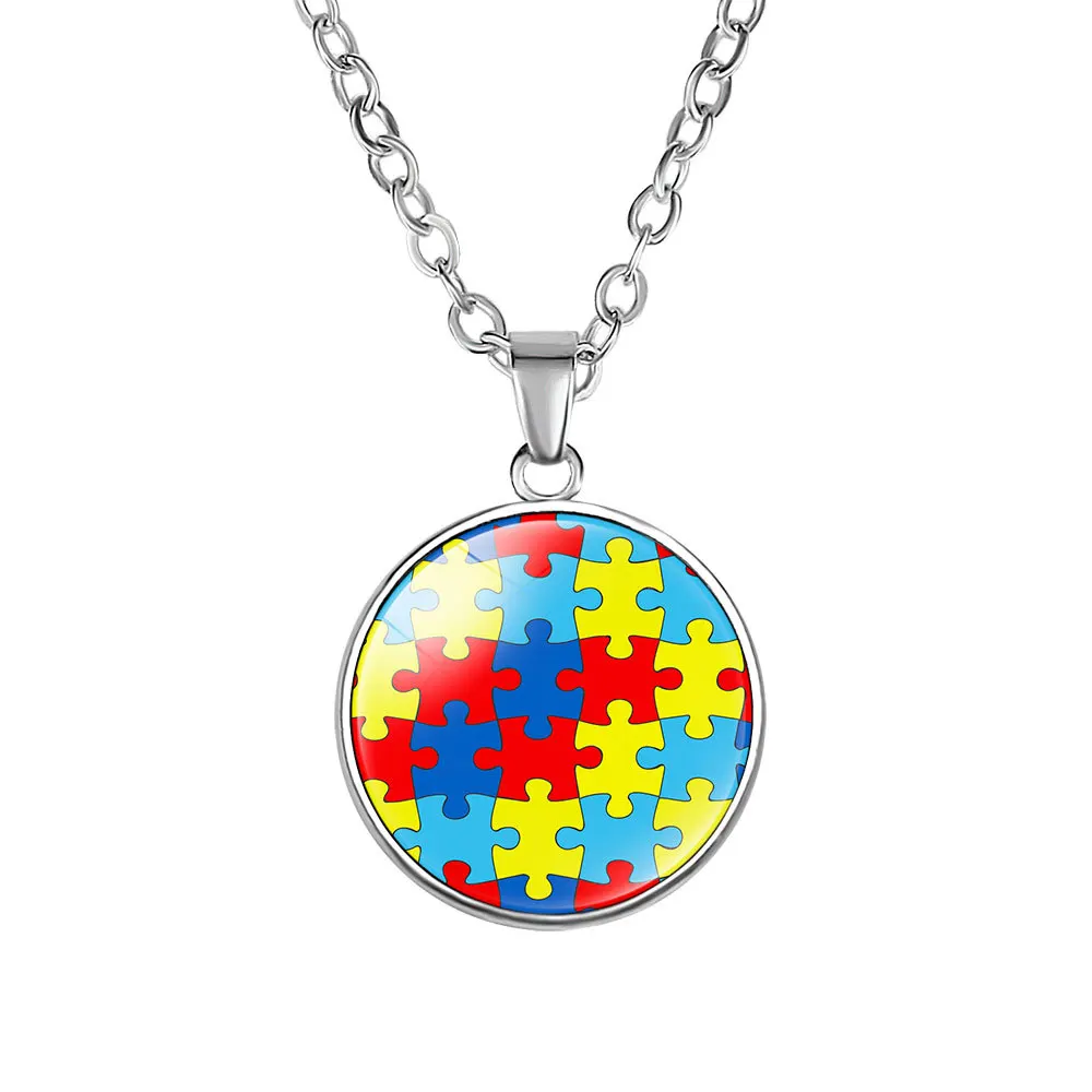 

Factory Custom Made Stainless Steel Jigsaw Puzzle Pieces Autism Speaks Awareness Jewelry Glass Dome Cabochon Pendant Necklaces, Multi-colors/accept custom colors