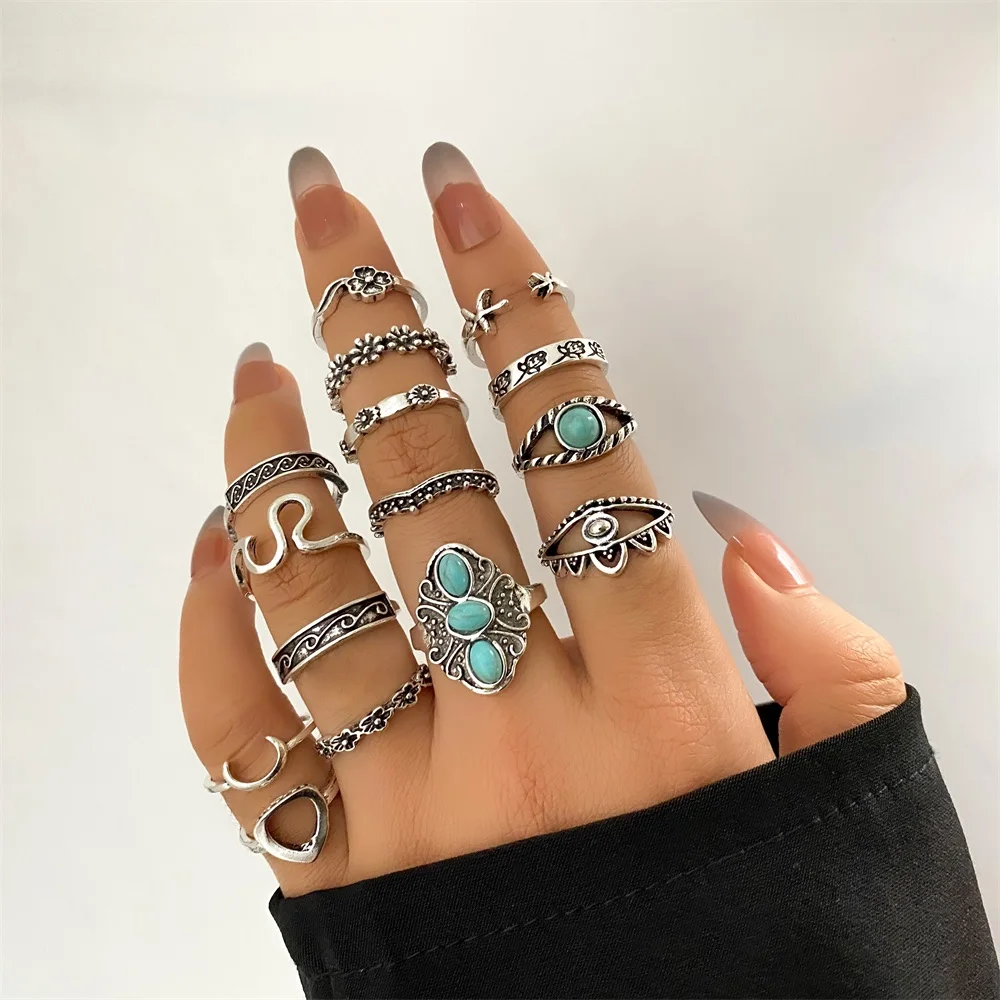 

VKME Vintage Bohemian Geometric Joint Ring Set for Women Punk Butterfly Flower Chain Finger Ring Set Fashion Gothic Jewelry Gift