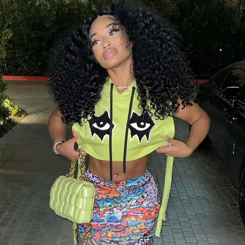 

2022 Spring Summer Hoodie Bandage Sleeveless Crop Top Green Hoodies Women