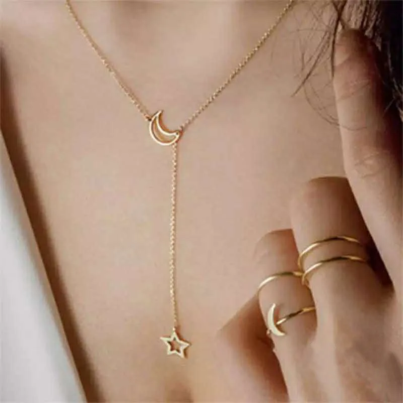 

Fashion Jewelry Trendy Charm Star Moon Necklace New Design Silver Gold Color Link Chain Gift For Women Girls, As picture