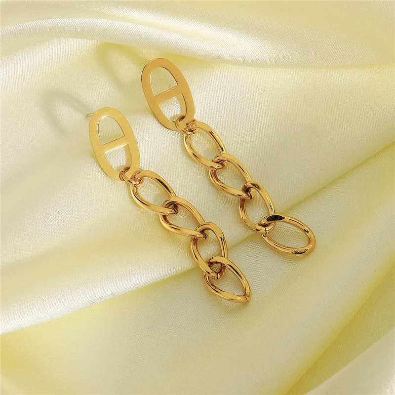 

Hongtong Fashion Oval Chain Earrings Women Jewelry 14K Gold Plated Stainless Steel Cuban Chain Pendant Earring, Picture shows