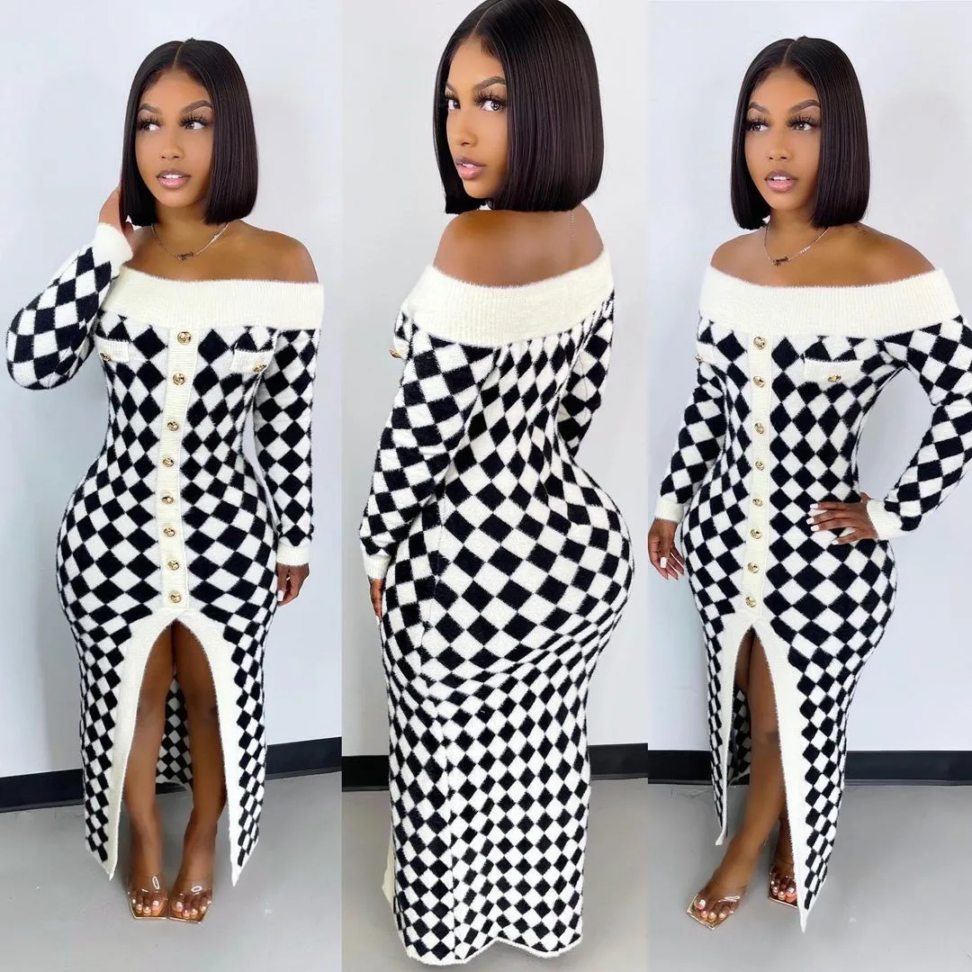 

2021 Winter Women Clothes Ladies Elegant Jersey Dresses Maxi Casual Dresses Club Party Wear Plus Size Sweater Dresses, Picture color