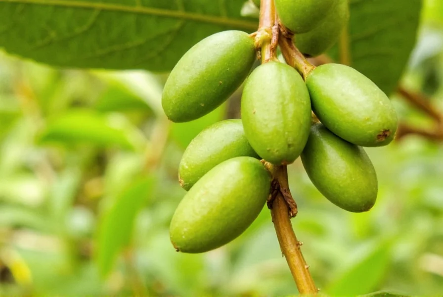 Close-up of green cardamom pods being crushed with mortar and pestle next to coffee beans