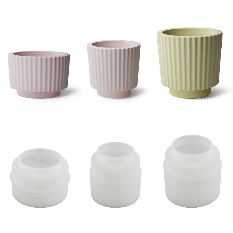 

CARATTE 3 Size Plaster Succulent Planter Vase Concrete Mould Round Vertical Stripe Candle Jar Silicone Mold for Epoxy Resin