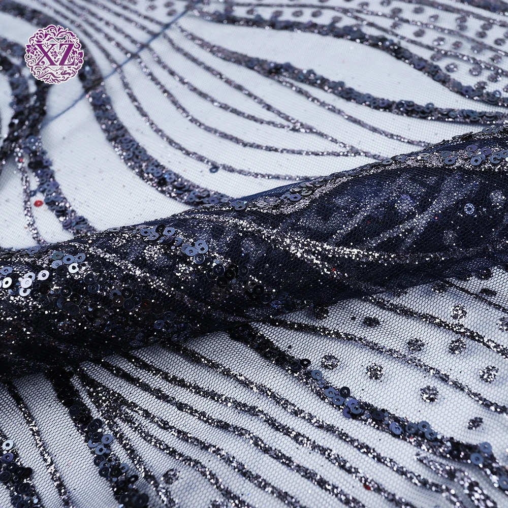 Beautiful soft mesh net sample paillette sequins embroidery lace fabric for girls dress