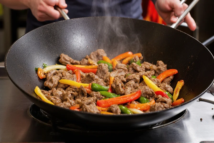 Professional chef stir-frying beef strips in traditional carbon steel wok with vibrant bell peppers and onions, high heat creating wok hei smoke, authentic Chinese kitchen setting