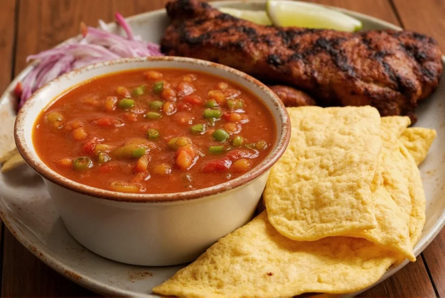 Red chili tomatillo salsa served with warm corn tortillas and grilled meats