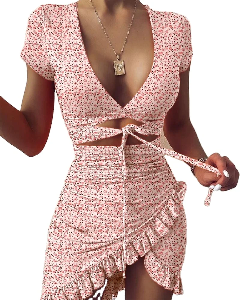 

Cryptographic Floral Print Fashion Tie Up Wrap Mini Dress Summer Holiday Ruffles Sundress Ruched Women's Dress Short Sleeve