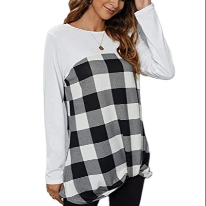 

2021 New Amazon Women's Plaid Loose Long Sleeve Tunic Top Color Block T-shirt with Twist Knot