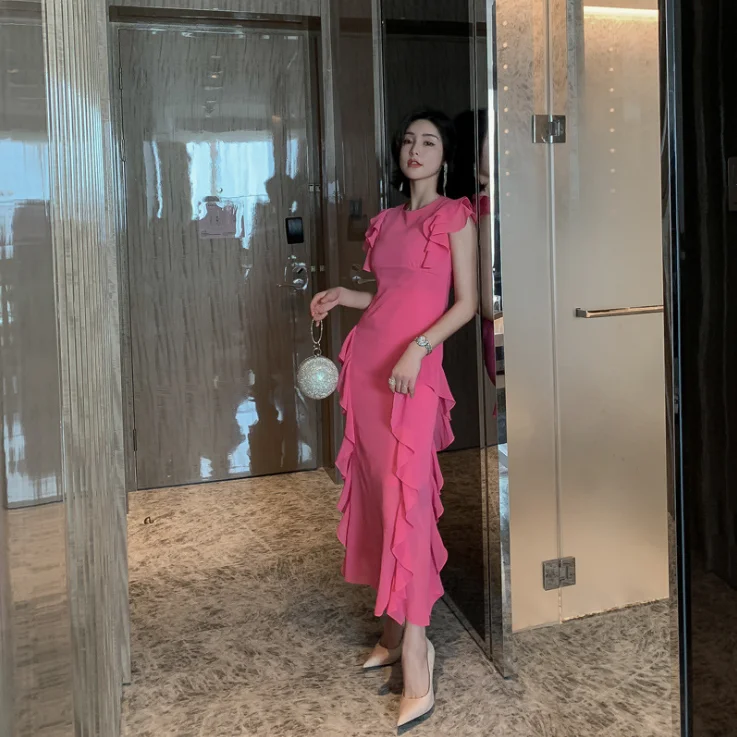 

2020 Summer New Women's Sweet First Love Dress Bow Waist Long Dress Pink Evening Gown Dress