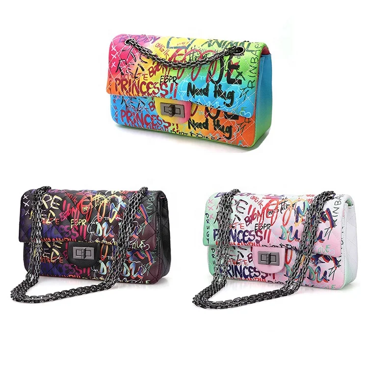 

Brand Low Price Graffiti Bag Ladies Fashion Rainbow Wallet OEM Customized Chain Shoulder Messenger Bag