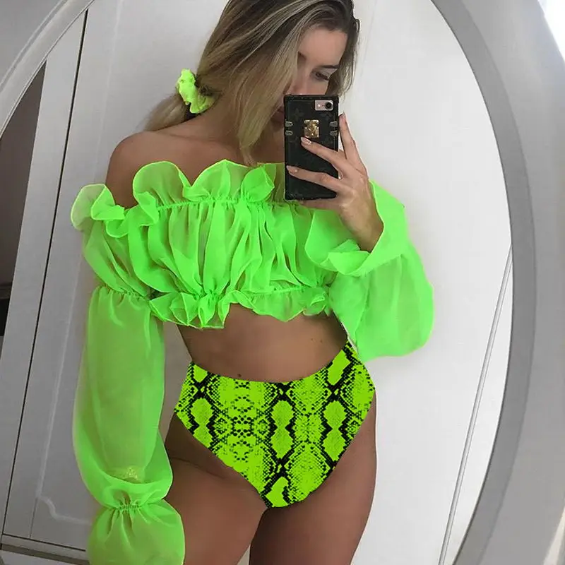 

Fast Selling Popular Chiffon Long Sleeve Lace Bikini Snake Sexy Single Shoulder Split Swimsuit, As picture