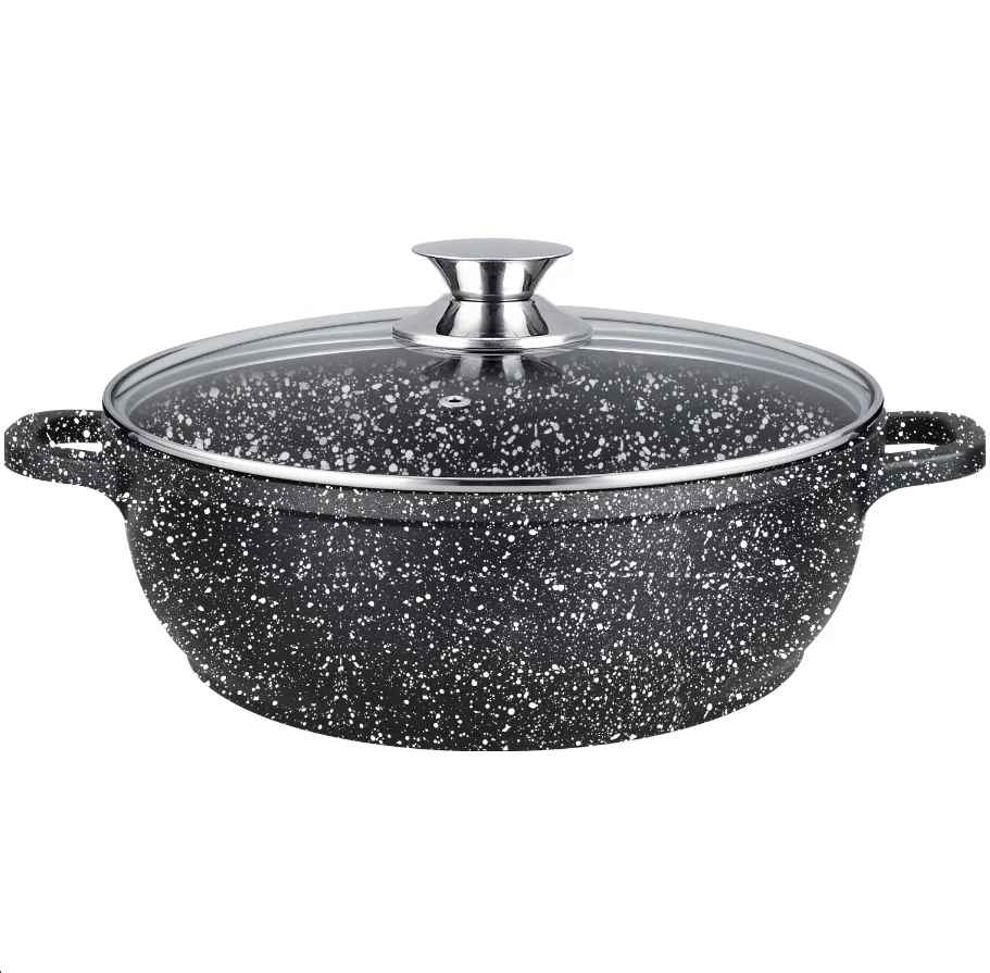 
FDA and SFG approved aluminum shallow sauce pot/lower soup pot with non stick ceramic marble coating 