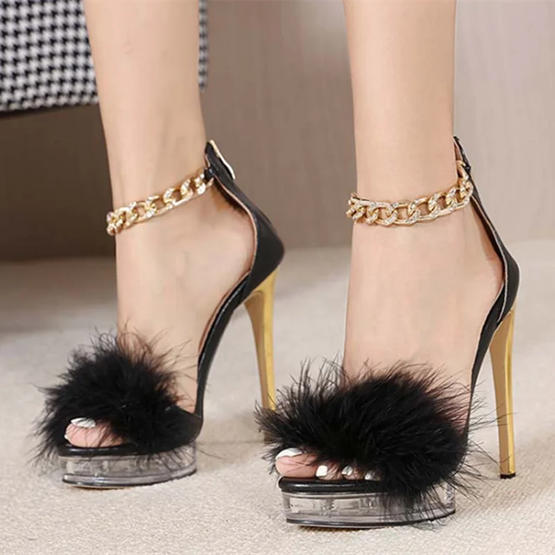 

Chain Strap Back Zipper New Women Heels Fluffy Fur Sandals Clear Platform High Heeled Dress Shoes Black