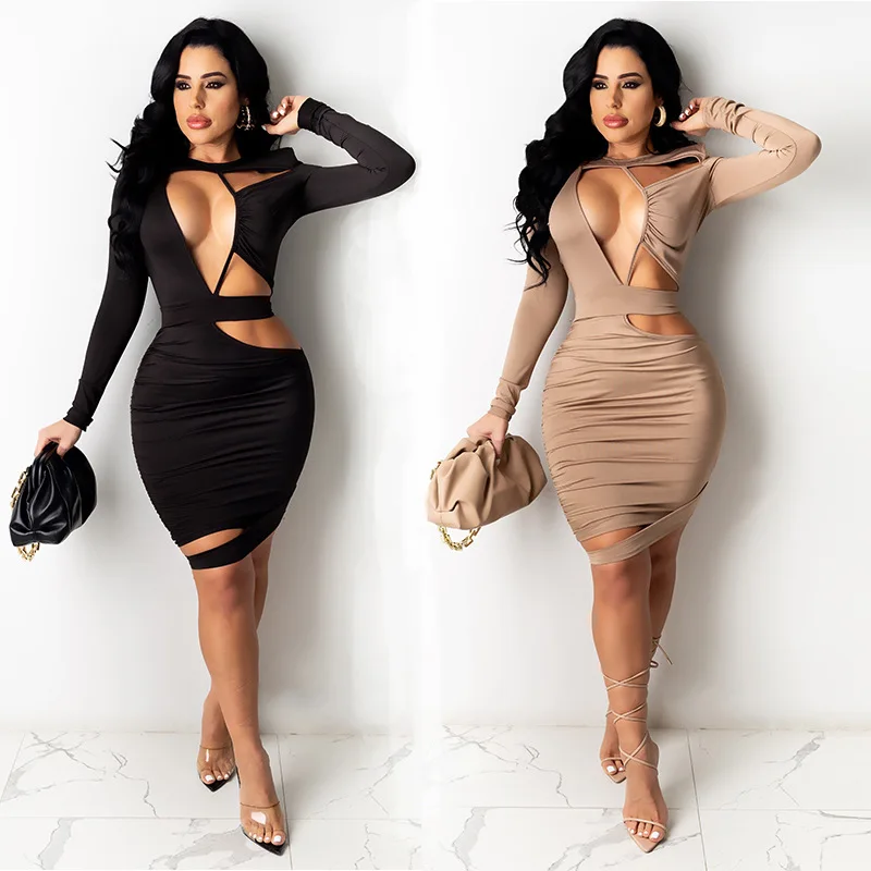 

New product hollow pleated sexy nightclub long-sleeved tight-fitting plus size dress