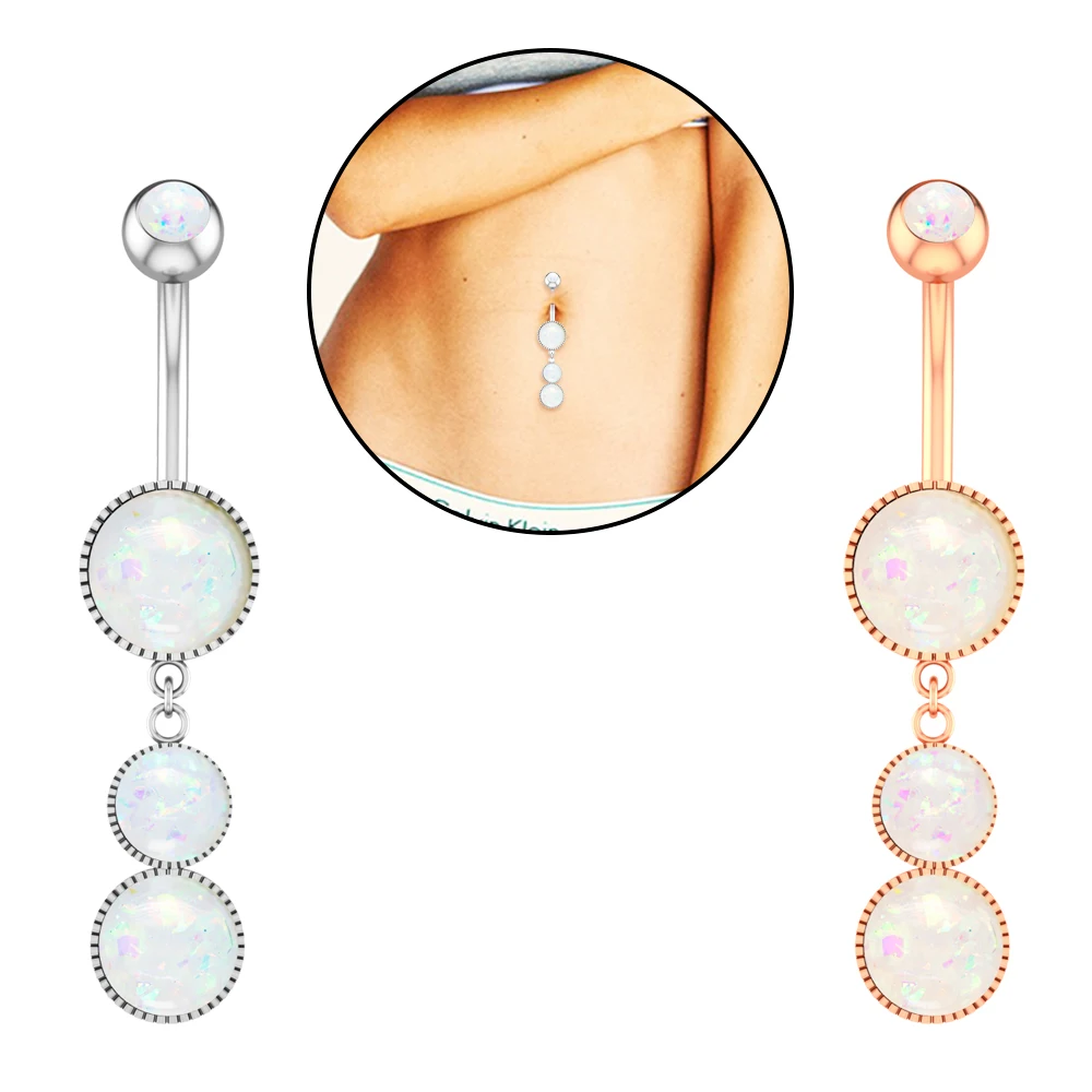 

High Quality 3 Circles Opal Bar Piercing Pendant Unisex Stainless Steel Navel Rings Belly Button Beautiful Girls